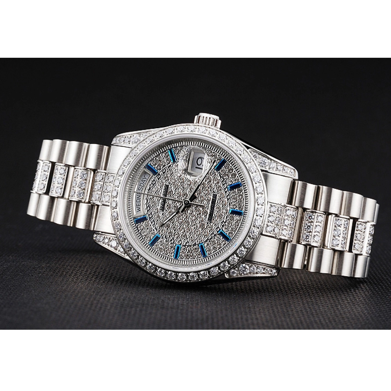 MiroTime 0712 Swiss Rolex Day Date Diamond Pave Dial And Bezel And Stainless Steel Bracelet